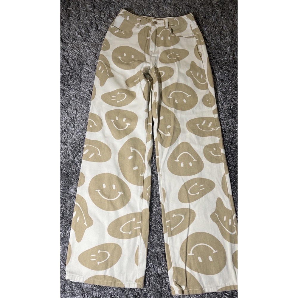 Bailey Rose AOP Smiley Face Wide Leg Jeans Tan Brown Women's M Streetwear Y2K